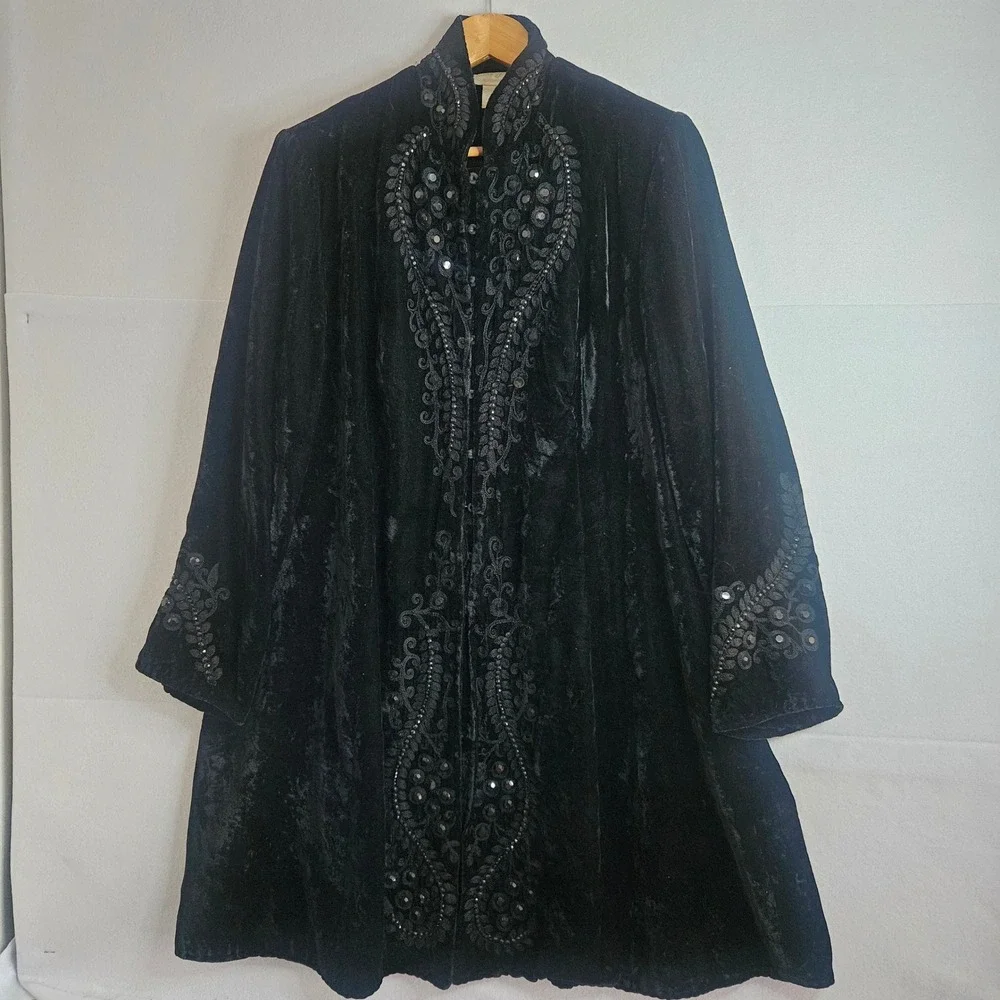 Soft Surroundings Black Velvet Embroidered Duster Coat Jacket Gold Lining Large - Picture 1 of 14